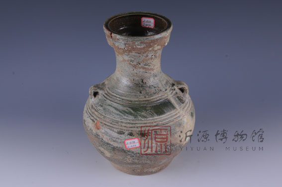 汉绿釉二系弦纹盘口陶壶