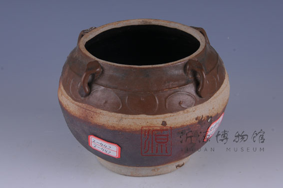 明酱釉印花四系瓷罐